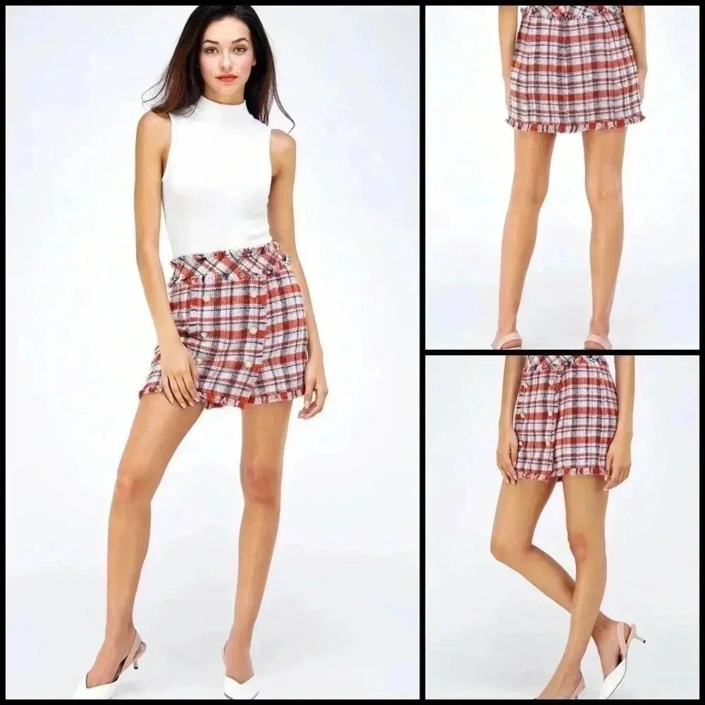 Sans Souci Y2K Retro Frayed Tweed Orange, White & Blue Peal Button Mini Skirt L